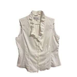 Kasper Petite Oxford Shirting Ruffle V Neck Sleeveless Top